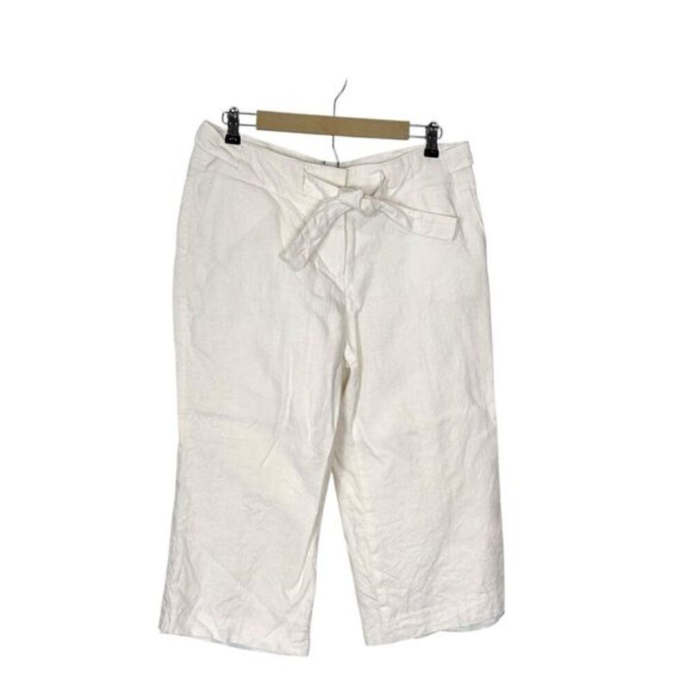 Talbots Pants Womens 14 Petite White Irish Linen Wide Leg Tie Cropped Culottes